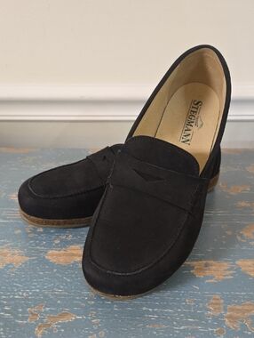Stetmann Victoria Black Nubuck Suede Penny Loafers